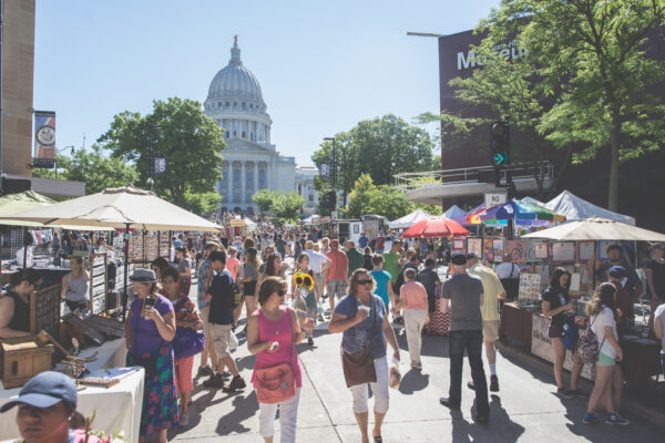 People walking around downtown Madison