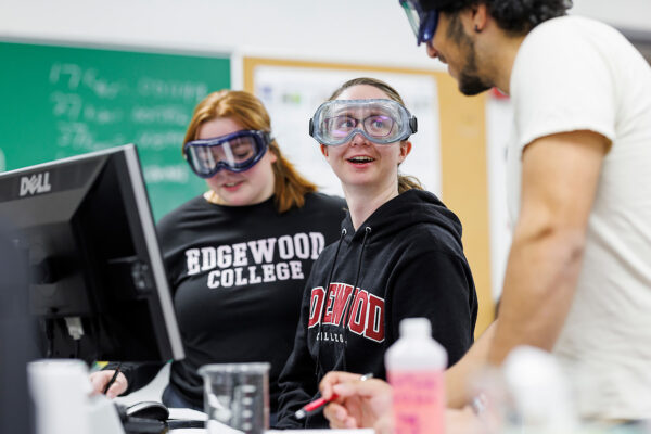 three edgewood students wearing science googles