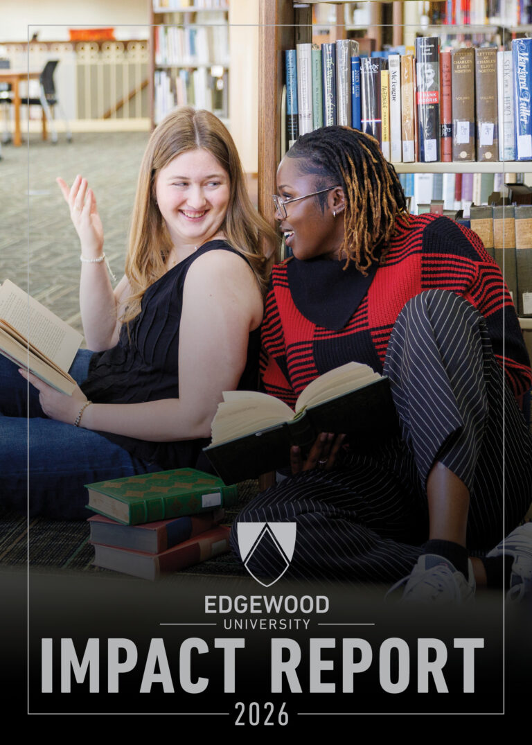 Impact Report Cover photo of two students sitting down and talking