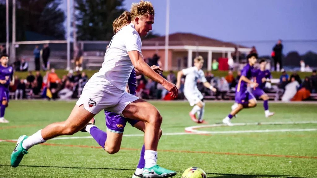Action shot from Edgewood University Men's Soccer match, fall 2025